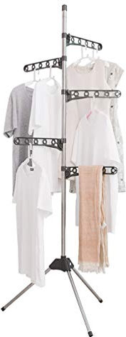 BAOYOUNI Foldable Laundry Pole Clothes Tree Drying Rack Airer Corner Tripod Coat Hanger Standing Garment Storage Shelf Holder Indoor Space Saving Organizer with 5 Adjustable Arms, Grey