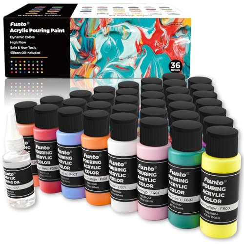 Funto Acrylfarben Set, Set mit 36 Farben (je 57 ml), mit Silikonöl, flüssige Acrylfarbe mit hohem Durchfluss, vorgemischt, Kunstbedarf zum Ausgießen auf Leinwand, Glas, Holz, Fliesen, Steinen