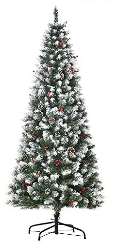 HOMCOM 6FT Artificial Christmas Tree Xmas Pencil Tree with Red Berries and Pinecones Holiday Home Indoor Decoration with Foldable Feet, Green