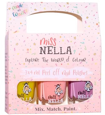 Miss Nella PIXIE DUST - Smalto rimovibile, senza odore, a base d'acqua e sicuro per le unghie dei bambini, confezione da 3 - pesca (glitter), lilla e giallo (glitter)