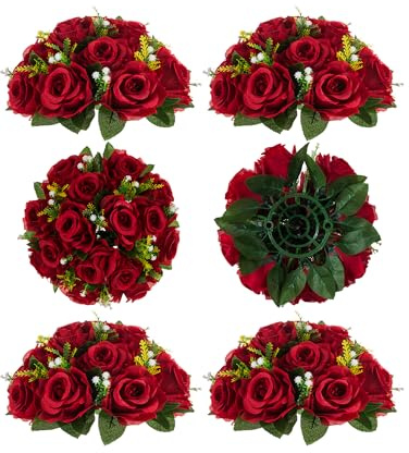 BLOSMON Flower Balls Wedding Rose Centerpieces: 6 Pcs Crimson Fake Flowers Kissing Balls Decor Artificial Floral Arrangements Flower Bouquet of Roses Home Party Table DIY Decorations