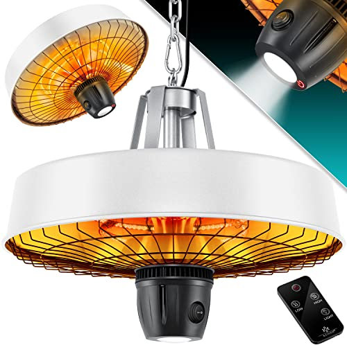 KESSER® Stufa da soffitto a forma di fungo, riscaldatore a infrarossi, 2500 W, con telecomando, faretto al quarzo, luce a LED, da soffitto, con catena + moschettone, elemento riscaldante in carbonio