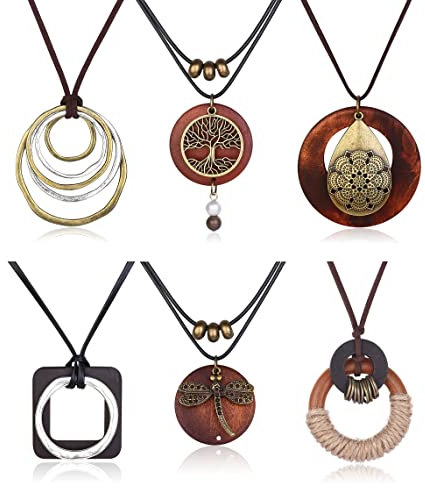 JeweBella 6 Stücke Lange Halskette für Damen Vintage Holz Feder Blattbaum des Lebens Anhänger Halskette Boho Ethno Lange Pullover Ketten Set