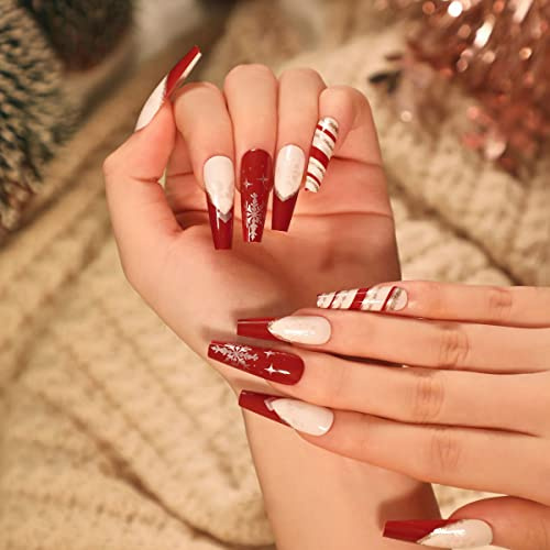 Bufenia Lot de 24 faux ongles en forme de cercueil de Noël en forme de flocon de neige ballerine à paillettes pour femmes et filles (E)