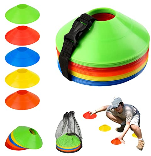 50 Pcs Plots De Marquage pour Football Cône, Cônes en Forme De Disque pour l'Entraînement De Football avec Sangle à Boucle Fixe, Poche Filet, Plots Sport pour Entraînement Football (5 Couleurs)
