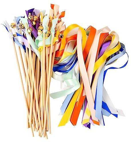Wedding Party Ribbon Wands mit Glocke, Band Zauberstäbe Hochzeit Luftschlangen, Ribbon Fairy Stick, Wedding Wands für Hochzeit Geburtstag Feier Baby Party (Gemischte Farbbänder)