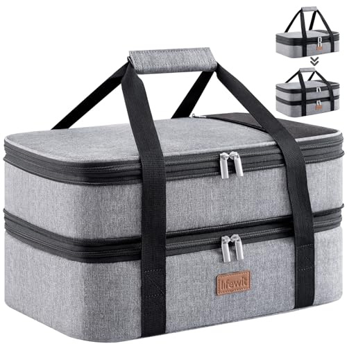 Lifewit Insulated Double Decker Casserole Carrier, Expandable Lasagna Lugger Tote Bag for Hot or Cold Food, Fits 9 x 13 Baking Dish for Potluck Parties, Picnic and Cookouts, Grey