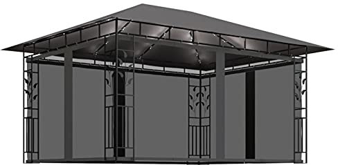 Homgoday Gazebo con Zanzariera e Luci LED 4x3x2,73 m Antracite, Gazebo da Giardino, Gazebo Ombrellone da Giardino Spiaggia Pesca Esterno Antivento per Arredo Giardino Terrazzo Ambienti