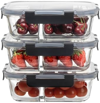 HOUSZY 3 Compartment Glass Meal Prep Container Set, Pack of 3 with Airtight Snap-Lock Lids, Portion Control Food Storage, BPA-Free, Microwave, Dishwasher and Oven Safe