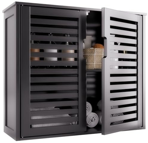 HITNET Armario de Baño Pared, Mueble Baño Suspendido con 2 Puertas y estantes Ajustables, Armario Colgante de bambú, Negro