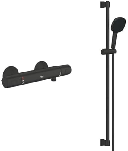 GROHE Precision Trend - Brausestagnenset inkl. Thermostat- Brausebatterie (wassersparend, 110mm Handbrause, 2 Strahlarten, 900mm Brausestange), eckig, matt schwarz