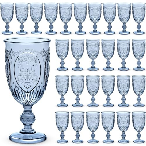 Wiwiqing 48 Pcs Plastic Goblets 7.5oz Vintage Goblet Plastic Wine Glasses Colored Retro Embossed Water Goblets for Wine Bar Juice Baby Shower Wedding Reception Grand Event Party (Blue)