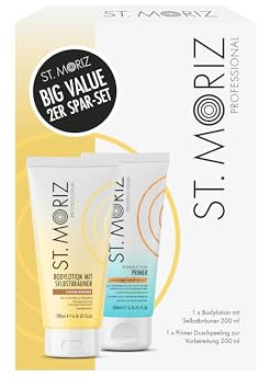 St. Moriz Professional Selbstbräuner 2er Geschenkset - Aufbauende Bodylotion 200ml + Vorbereitende Peelingdusche 200ml