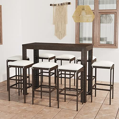 Tidyard 9-TLG.Gartenbar-Set Garten Bar Set Sitzgruppe Rattan Bar Tresen Theke Tisch Barset Garten Tisch Outdoor Gartenmöbel Set mit Kissen Poly Rattan Braun