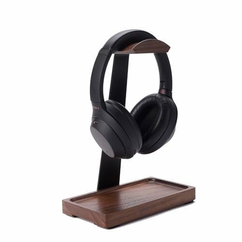 NIRVASH Walnut Headphone Stand, Wood Headset Stand for Desk, Wooden Universal Headphone Holder with Storage Base for Gaming, Airpod max, Bose,Razer, Sennheiser (Black)