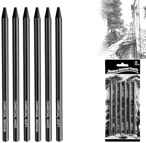 Sketch Kohlestifte,6 Stück Kohlestifte für Skizzen,Professionelle Skizzierstifte,Kohle Set,Kohlestiftens in Schwarz,Künstlerbleistiften,Zeichenkohle,für Kunstdesign,Skizzieren,2Soft+2Medium+2Hard
