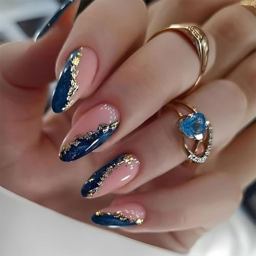 Kabwea 24 faux ongles en acrylique avec feuille d'or et marbre bleu, ongles à presser en forme d'amande moyenne, faux ongles, ongles à presser, ongles à coller