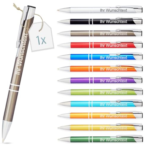 Gravurtastisch Kugelschreiber mit Gravur | personalisierter Stift mit Wunschtext | blaue Mine | Werbegeschenk & Werbeartikel | personalisierte Kulis für Hochzeit, Büro & Schule (Grau, 1 Stück)