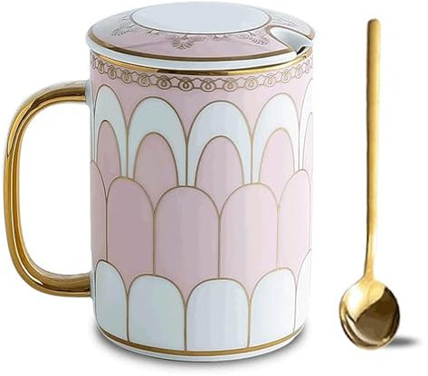 Taza Taza de Café de Cerámica de 350ML, creativa taza de café pintada en oro, taza multifuncional for café, leche, jugo de Moca Con asas(Pink)