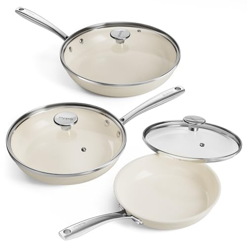 Redchef Lot de poêles avec couvercle, en céramique, antiadhésives, à induction, 20/24/28 cm, pour tous les types de feux, sans PTFE, sans PFOA, passent au lave-vaisselle, beige