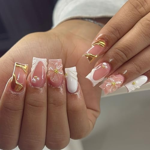 Ceboic 24 Stück Handgefertigte Nägel Zum Aufkleben, Square French Press on Nails Weiß Rosa Künstliche Nägel mit 3D Blumen Perlen Design, Acryl Full Cover Fingernägel zum Aufkleben für Frauen