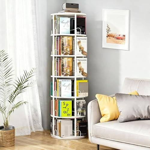 Weiß Drehbares Bücherregal 5 Ebenen, Großes Massivholz Drehregal Bringen Leitplanke aus Metallrohr, 360° Multifunktionales rund Standregal Lagerregal für Schlafzimmer Kinderzimmer (Weiß, 6 Ebenen)