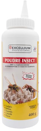 Poudre Insecticide Perméthrine 400g Guêpes Frelons Fourmis EXCELLIUM | Cafards, punaises, puces et poissons d'argent, effet choc immédiat et longue rémanence, flacon poudreur prêt à l'emploi