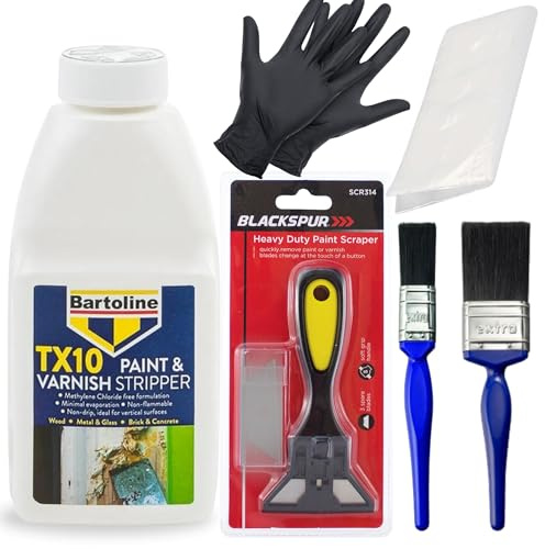 Complete Paint Remover Bundle: TX10 Paint & Varnish Stripper,Heavy Duty Blackspur Scraper, 1 & 2 Inch Paintbrushes, Rubber Gloves, Dust Sheet, Ideal Paint Stripper for Wood, Metal and Bricks