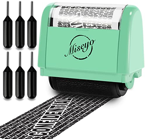 Miseyo Identity Theft Protection Roller Stamp Set - Green (6 Refill Ink) | Personal Data Theft Prevention, Hiding Confidential Information,1.5inch Wide Address Blocker, Easy to Scroll, Refillable ink