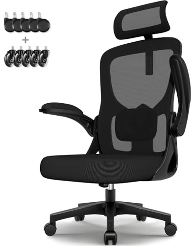 minnouat Bürostuhl mit 3D-Kopfstütze und 4D-Schaumstoff-Lordosenstütze, ergonomischer Bürostuhl mit Wippfunktion, Schreibtischstuhl mit klappbaren Armlehnen, Atmungsaktiver Drehstuhl 150 kg