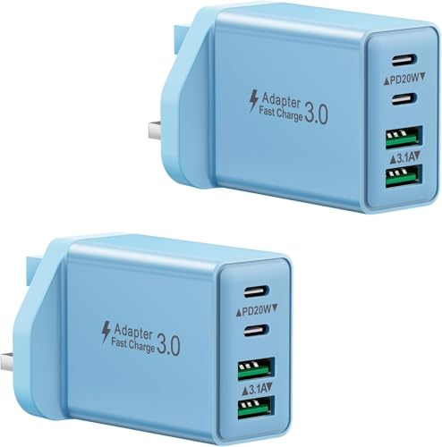 2-Pack USB C Plug Fast Charge, Multi USB Plug UK 40W 4-Port Charging Plug Dual Type C Power Adapter + QC Wall Charger Head for iPhone 16 15 Plus Pro Max 14/13/12/11XS, iPad, Samsung, Google Pixel