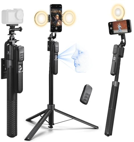 K&F CONCEPT Perche à Selfie avec Suivi Automatique, 180CM Trépied Smartphone avec Lumiere, Suivi AI 360° Visage, Contrôle par Gestes, Perche Selfie avec Télécommande Bluetooth, pour Vidéo/Vlog/Live
