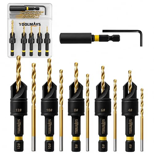 TOOLMAYS 12PCS Countersink Drill Bit Set, #4, #6, #8, #10, #12 | Wood Drill Bits, Magnetic Extension Adjustable Bit Holder For Woodworking With Storage Box, Counter Sink Drill Bits For Wood