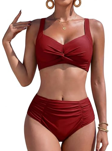 FemiChic Trajes de Baño Dos Piezas Cintura Alta Ruched Bikini Mujer Sexy Push Up con Relleno Conjuntos de Bikini para Playa Piscina(Rojo Vino,L)