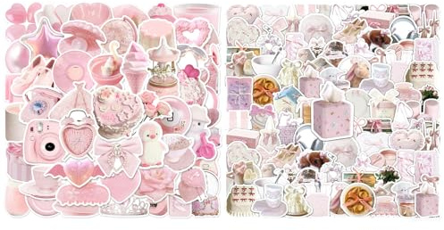 100 Stück Aesthetic Aufkleber Set Mädchenstil Rosa Schleife Sticker, Wasserfeste Vinyl Aufkleber für Laptop Handy Tagebuch Scrapbooking Journaling Geschenk für Mädchen Erwachsene