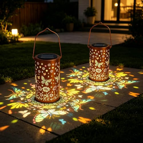HuaMuDM LED Metall Schmetterling Solarlaterne für Außen Hängend,Terrasse | 2 Stück Solar Hängeleuchte Bunt,Wasserdicht Solarlampen für Außen Hängend,IP65 Wasserdicht Solar Latern,Garten Dekoration