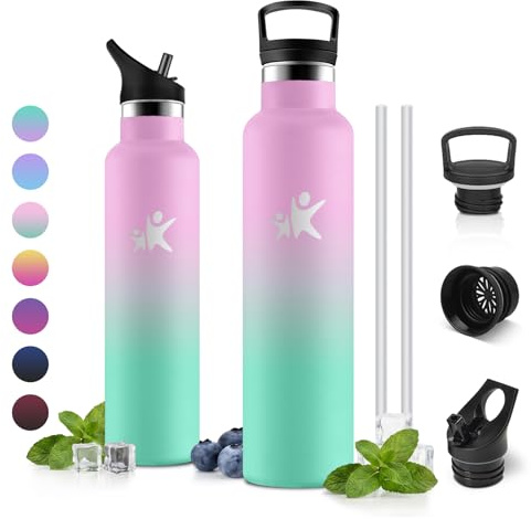 Botella Térmica 1L, Botella de Agua con Pajita, Sin BPA, Doble Pared al Vacío, A Prueba de Fugas para Deporte, Gimnasio