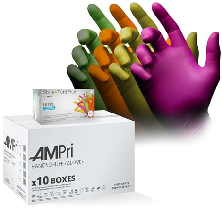 AMPRI Nitrilhandschuhe, bunt, Farbenmix, 10 Box a 96 Stk, Größe S, puderfrei, Style tutti frutti by Med-Comfort: Nitril Einmalhandschuhe, Einweghandschuhe in den Größen XS, S, M, L, XL