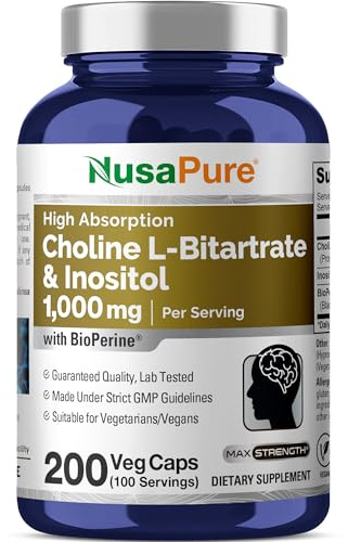 NusaPure Choline & Inositol - Suitable for Vegetarian/Vegan, Non - GMO - 1000mg - 200 Veggie Capsules