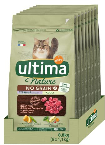 Ultima Nature No Grain Pienso para Gatos Esterilizados sin Cereales con Buey, 1.1 kg (Paquete de 8)