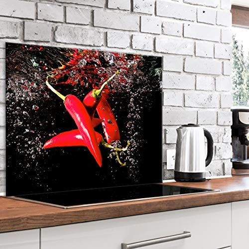 murando Spritzschutz Glas für Küche 80x60 cm Küchenrückwand Küchenspritzschutz Fliesenschutz Glasbild Dekoglas Küchenspiegel Glasrückwand Gemüse Paprika Wasser - j-B-0064-aq-e