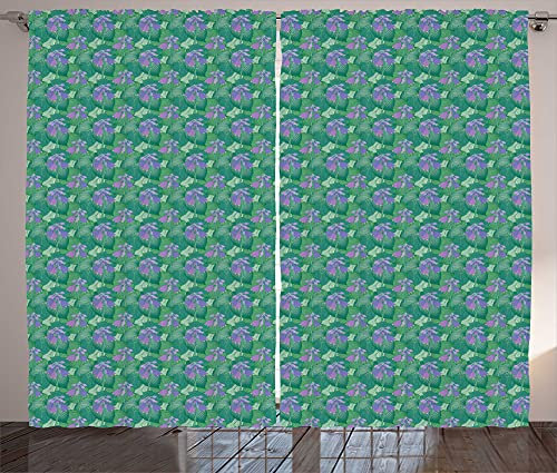 ABAKUHAUS Botanical Rustic Curtain, Blooming Plants Hosta, Living Room Universal Tape Curtains with Loops and Hooks, 280 x 225 cm, Jade Green and Blue Purple