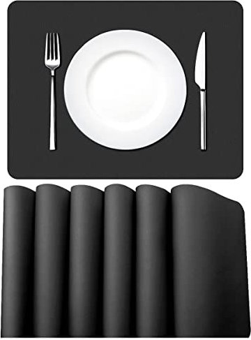 MORROLS Tischsets Abwaschbar, Platzset Leder 6er Set Abwischbar Tischsets Lederoptik Kunstleder Wasserdicht PVC Platzset, Platzdeckchen für Küche Speisetisch, 42x30cm, Schwarz