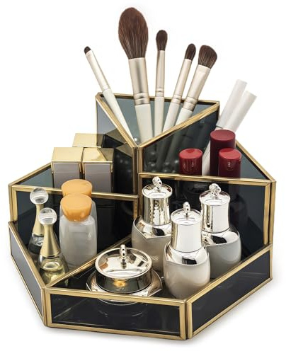 SLHEQING Makeup Organizer Black Schminktisch Organizer Glas Cosmetics Organiser Retro Kosmetik Organizer, 5 Fach Skincare Organizer