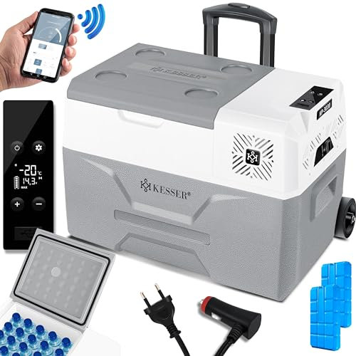 KESSER® Kompressor Kühlbox elektrisch Gefrierbox, 30 Liter Mit APP-Steuerung USB-Anschluss 12/24 V 230V, +Teleskopstange, 2x Kühlakkus Räder Kühlschrank Kühlung bis -20 °C für Auto, Lkw, Boot
