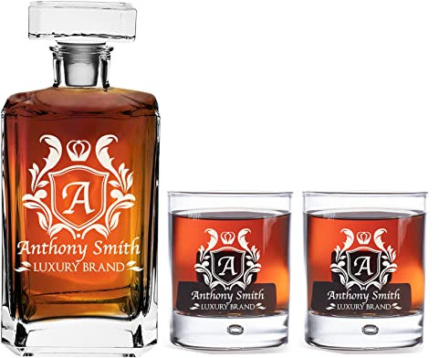 AIGAT Carafe Whisky Moderne Personnalisée avec Texte Gravé au Laser, Différents Designs, Cadeau Pour Père, Taille 700ml