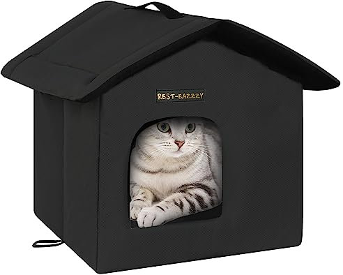 Rest-Eazzzy Cat House for Outdoor Cats, Weatherproof and Insulated Feral Cat House with Mat and Canopy, Easy to Put Together, Selfwarming Cat Shelter for Winter(13 * 13 * 14 Black with Support)