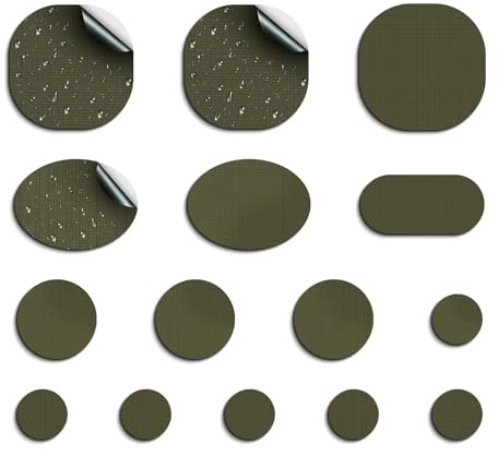 Skystuff Zelt Reparaturset & Flicken selbstklebend Stoff aus Nylon, 45 Stück wasserdichte Reparaturflicken für Daunenjacke, Zelt, Isomatte, kälte- & hitzebeständig, Patches für Jacke, Armeegrün | No-Sew Heavy Duty Outdoor Gear Fabric Repair Patches for Down Jacket, Tent, Backpack, Durable Tear-resistant, Army Green