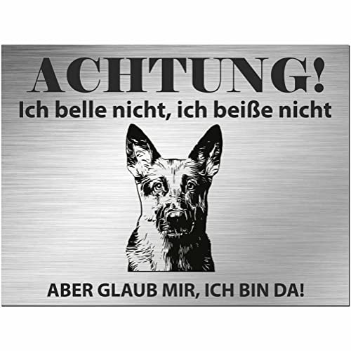 Indigos UG - Schild Schäferhund - bedruckt - Achtung Ich belle und beiße nicht, ich bin da! - Aluverbundplatte Edelstahl Look - 20x15 cm - Spruch - Deko Geschenkidee Hund - Zaun - Türschild