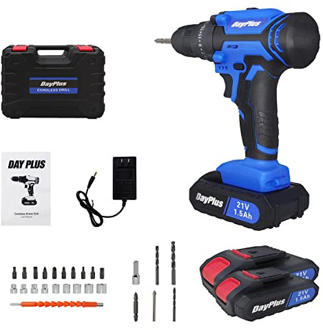 Taladro eléctrico sin cable, Destornillador Inalámbrico (2x 1.5Ah Li-Ion, 21 V, 25+1 ajustes de par, caja cambios 2 veloc., 45 Nm Taladro Percutor, incl. 26 accesorios/ 1 Cargador/Caja de plástico